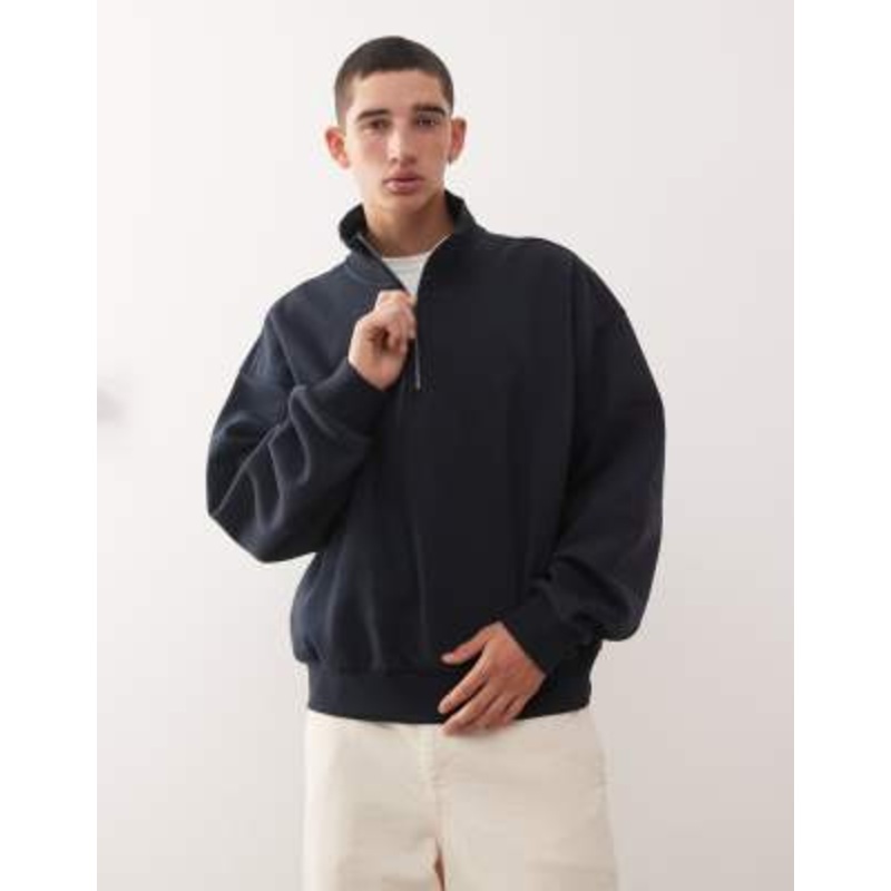 Weekday boxy oversized fit half zip sweatshirt in dark navy
