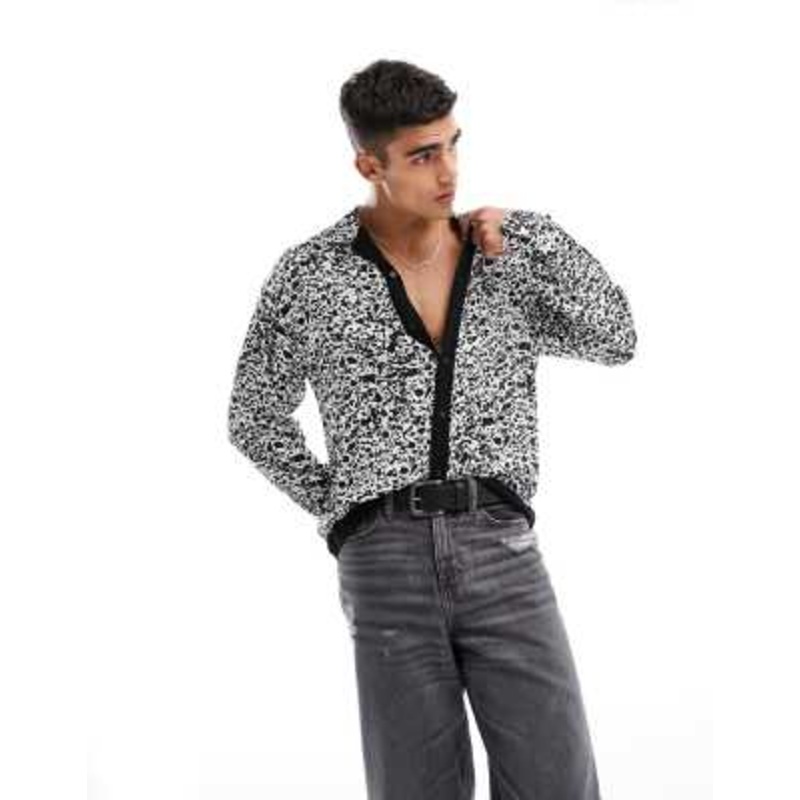 ADPT oversized monochrome print revere shirt with border in black