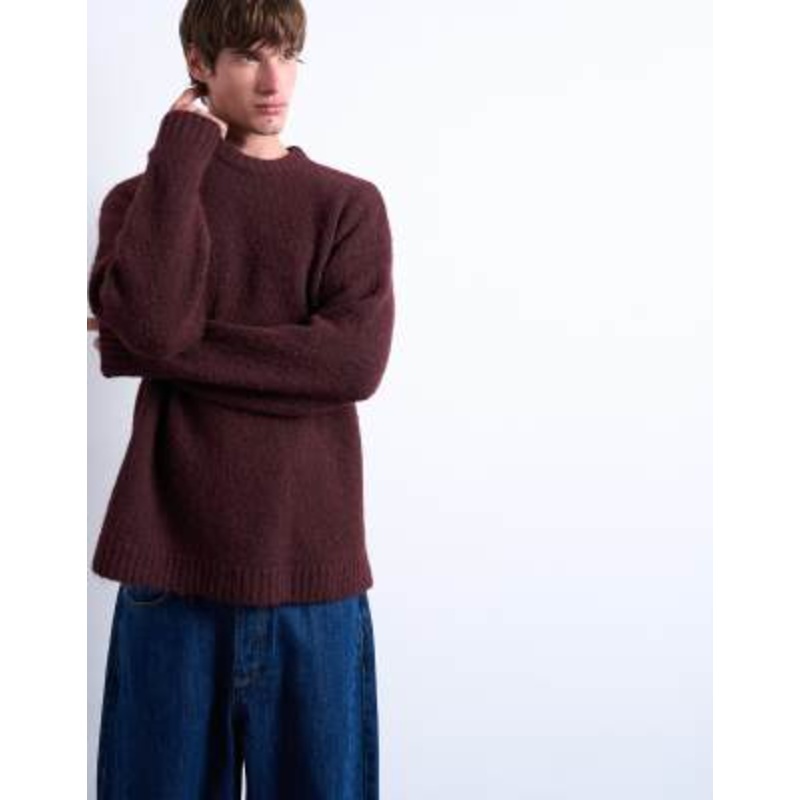 Topman loose knit crew sweater in burgundy