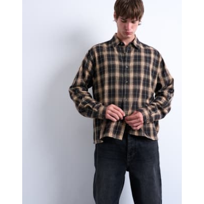 Topman relaxed fit cropped flannel shirt in brown plaid