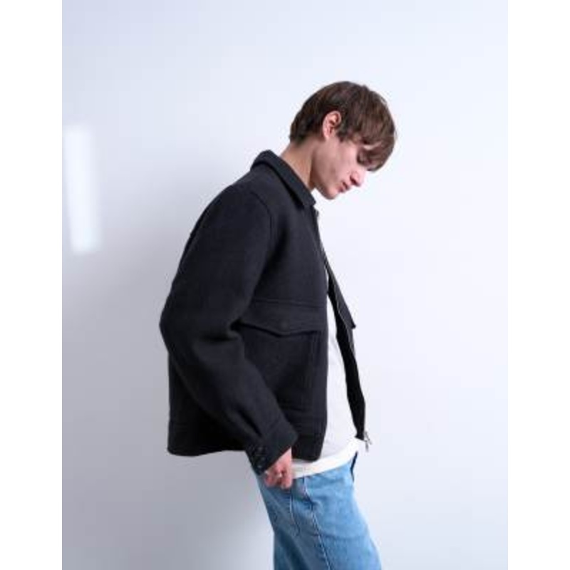 Topman wool blend zip up shacket in dark gray