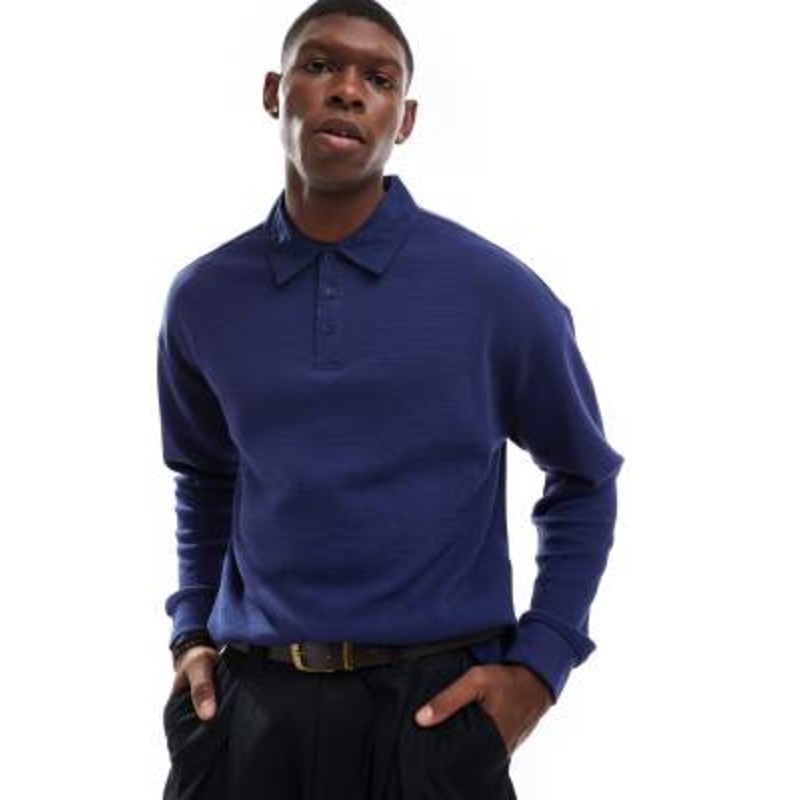 Another Influence textured interlock button detail rugby shirt in navy