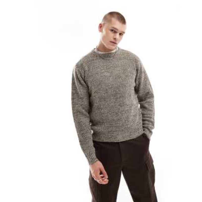 Another Influence twist knit round neck sweater in heathered brown