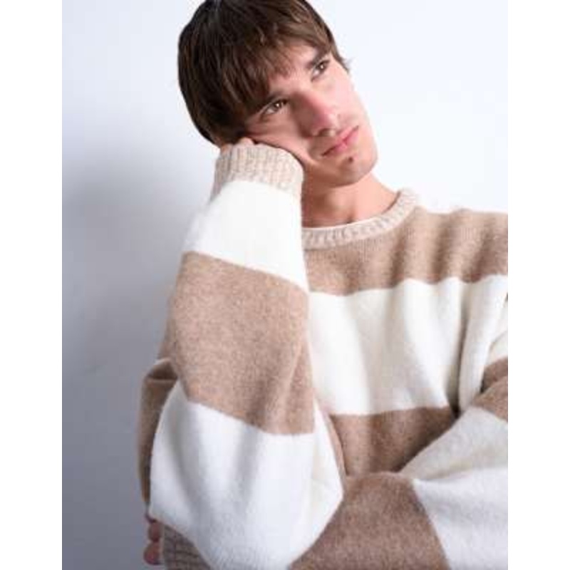 Topman regular fit striped crew neck sweater in stone and brown