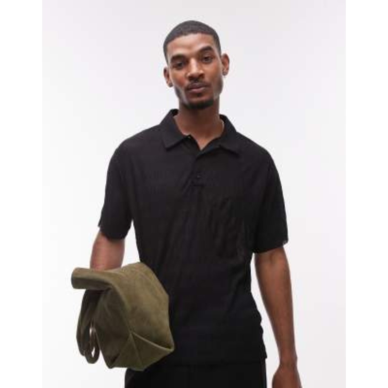 Topman relaxed fit plisse polo in black