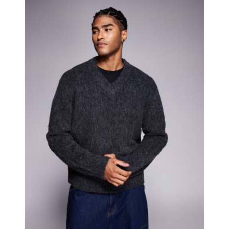ADPT fluffy v-neck knit sweater in dark gray