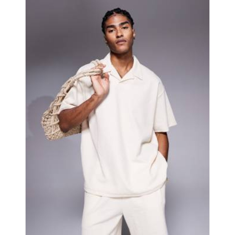 ADPT split neck textured polo shirt in cream