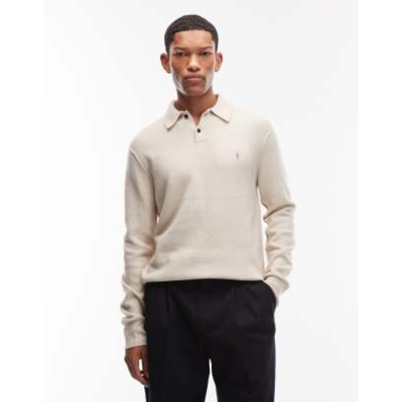 AllSaints Statten long sleeve logo knit polo sweater in white
