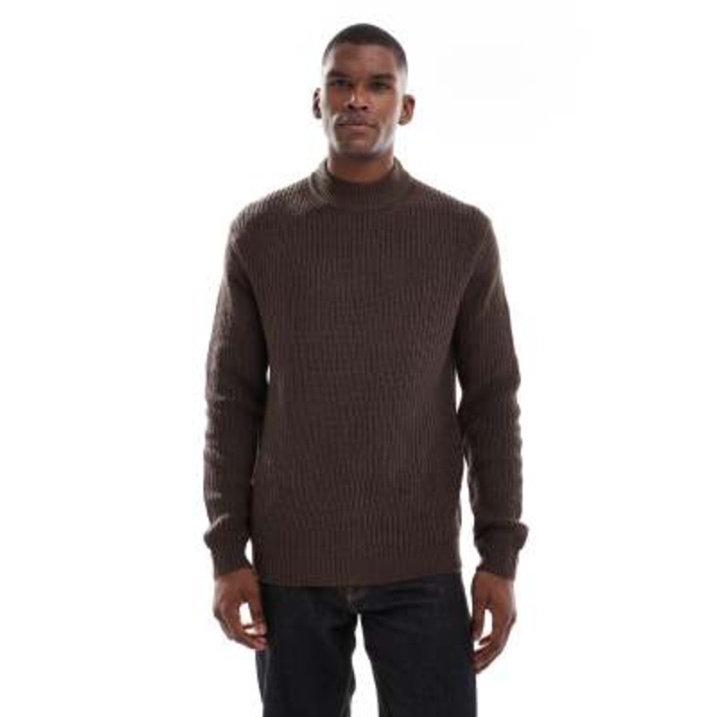 Brave Soul rib knit crew neck sweater in chocolate brown
