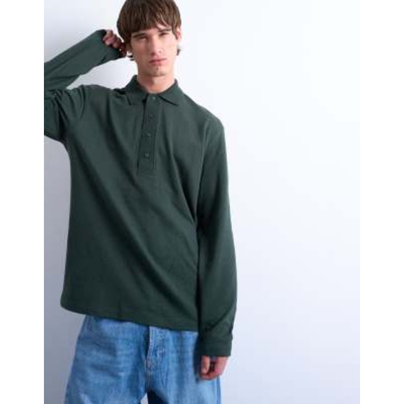 Topman long sleeve textured polo in dark green
