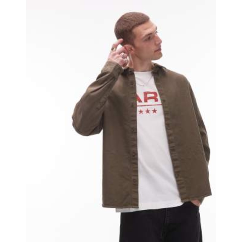 Topman long sleeve washed canvas overshirt in khaki