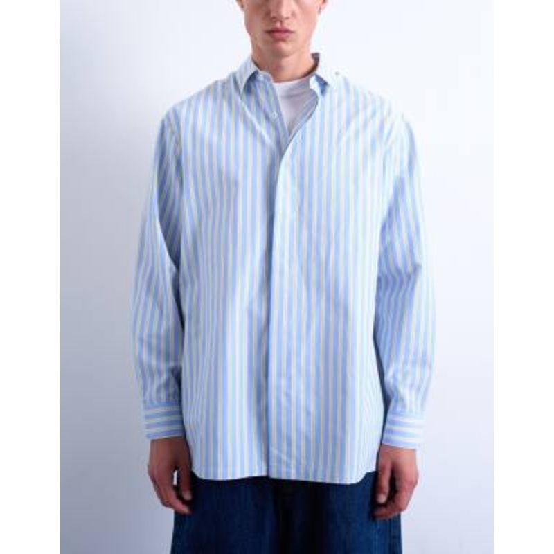 Topman oversized fit long sleeve striped shirt in light blue & yellow