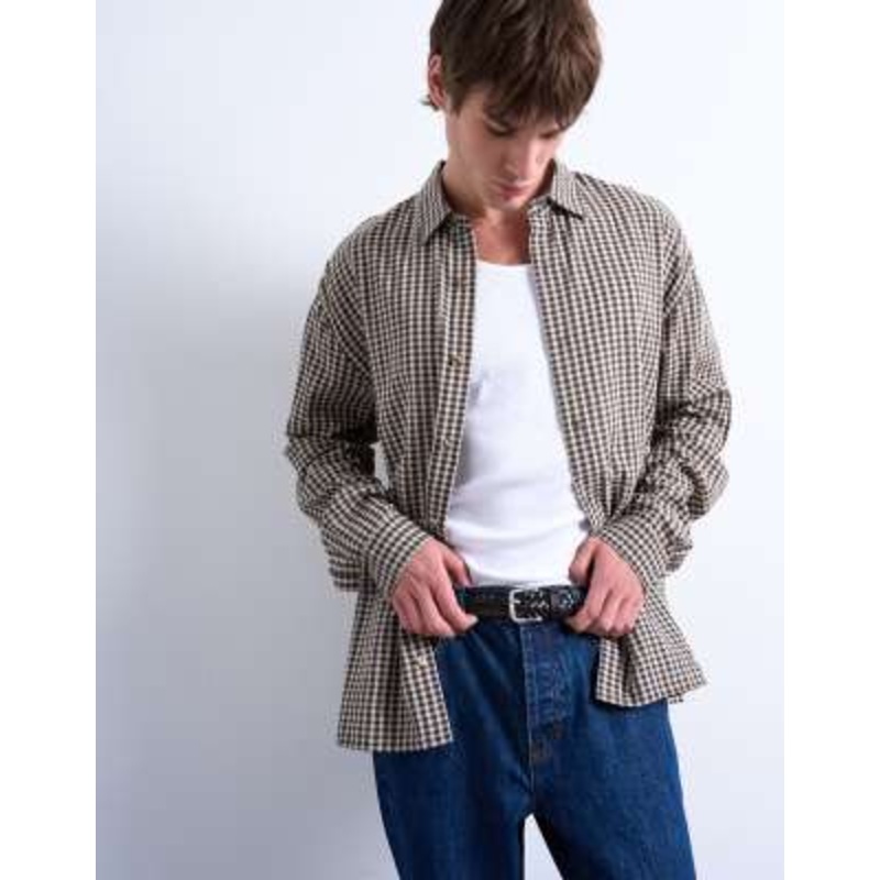 Topman regular fit textured gingham plaid shirt in brown