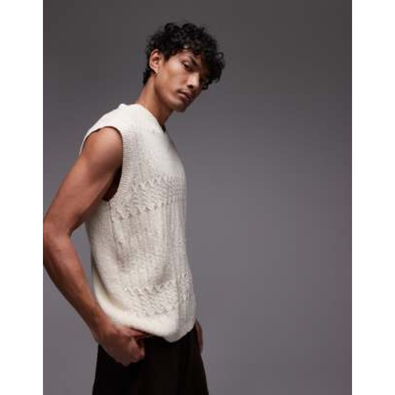 Topman relaxed fit cable knit tank top in stone