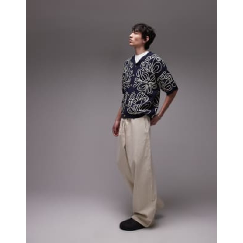Topman relaxed heavy embroidered floral shirt in navy & cream