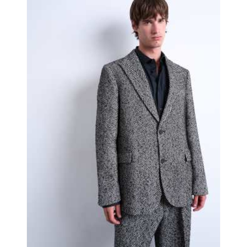Topman relaxed herringbone wool blend blazer in black