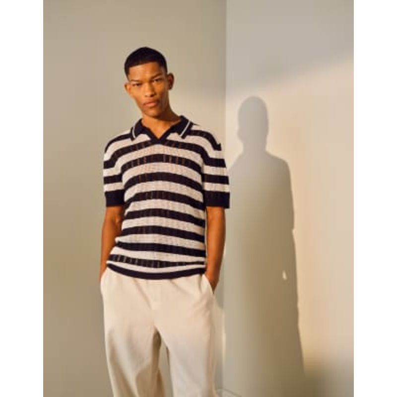Topman relaxed ladder stitch crochet polo shirt in monochrome