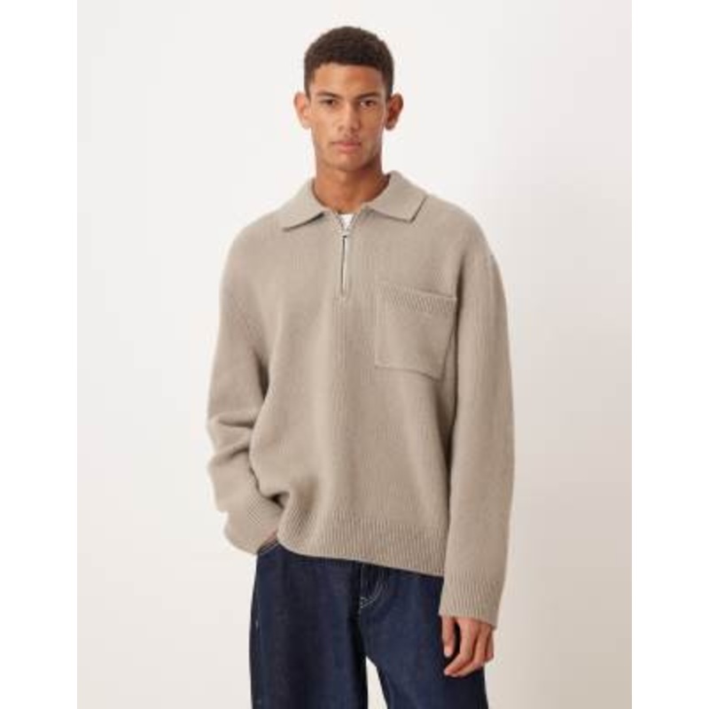 ARKET pure wool half zip oversized polo sweater in washed beige