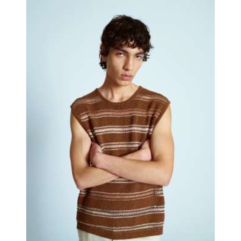 Topman relaxed fit crochet knit tank top with metallic yarn in brown