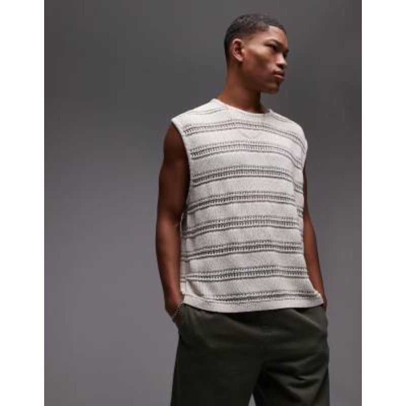 Topman relaxed fit knit crochet tank top with metallic yarn in stone