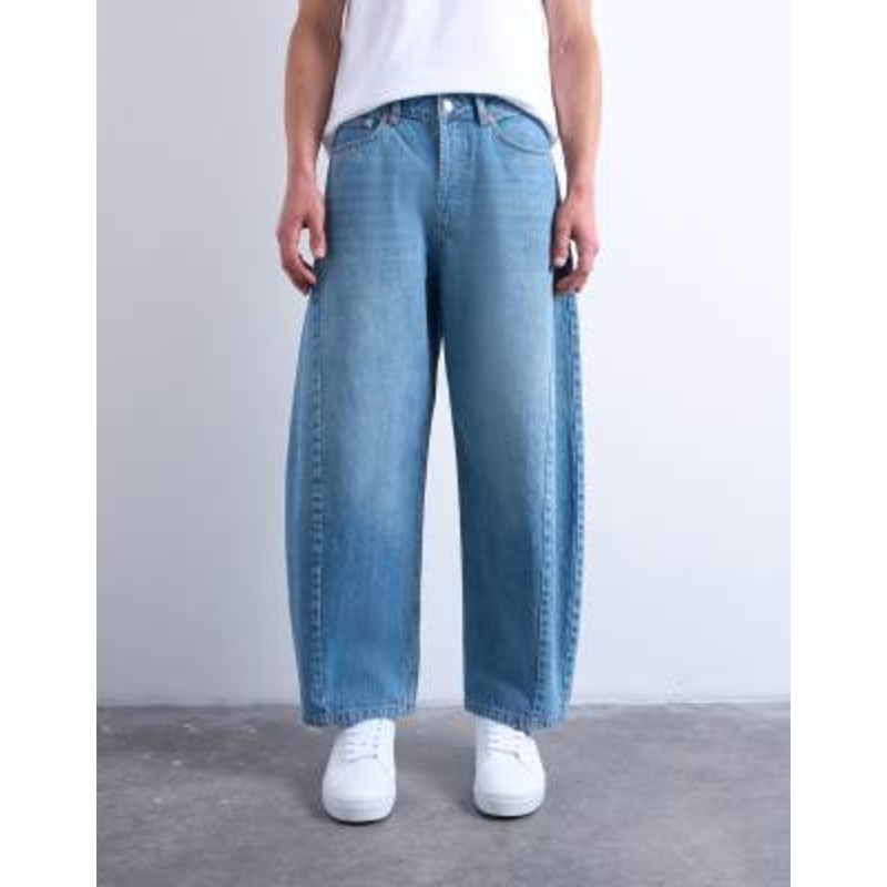 Topman rigid barrel jeans in mid wash