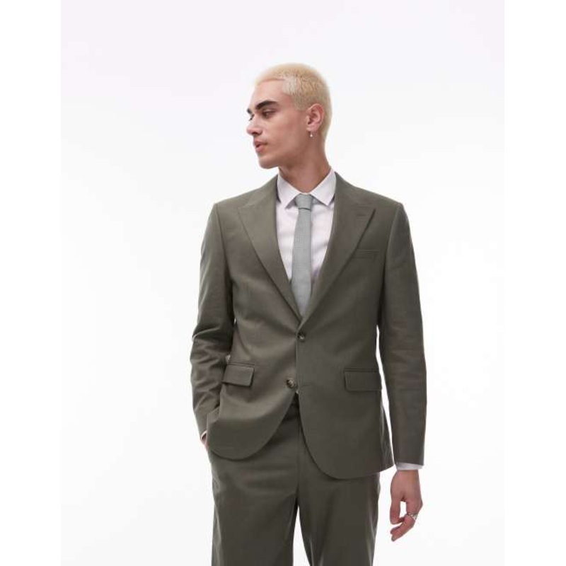 Topman single breasted linen blend blazer in khaki