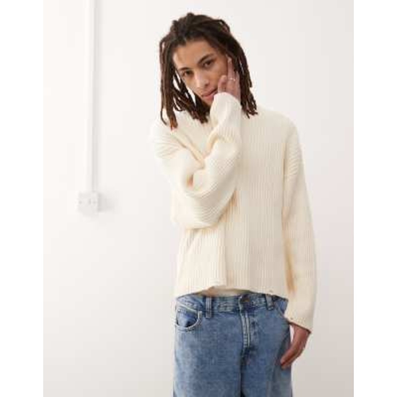 Weekday Arthur chunky rib sweater with distressed hem detail in off-white