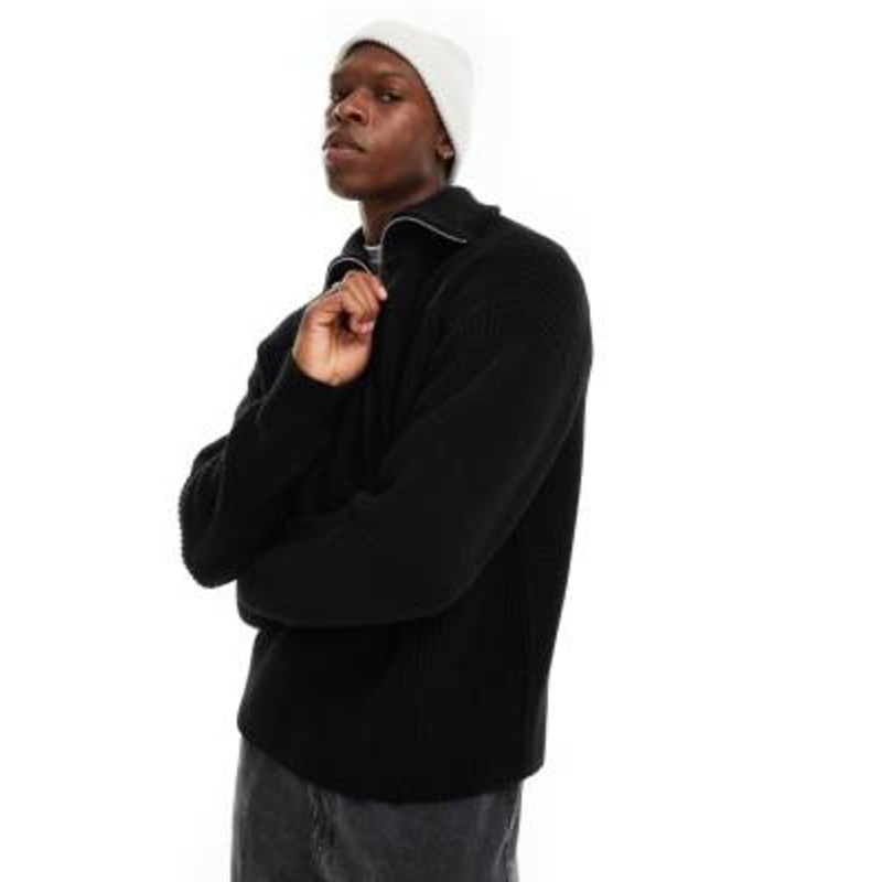 Weekday Jim wool blend half zip sweater in black