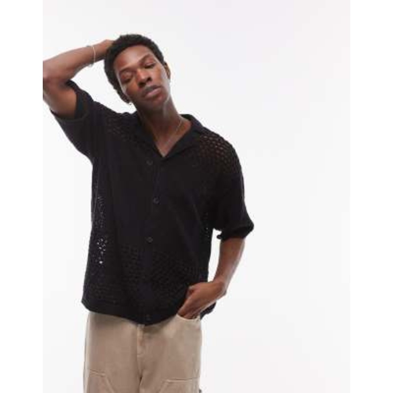 Topman open knit pattern polo in black