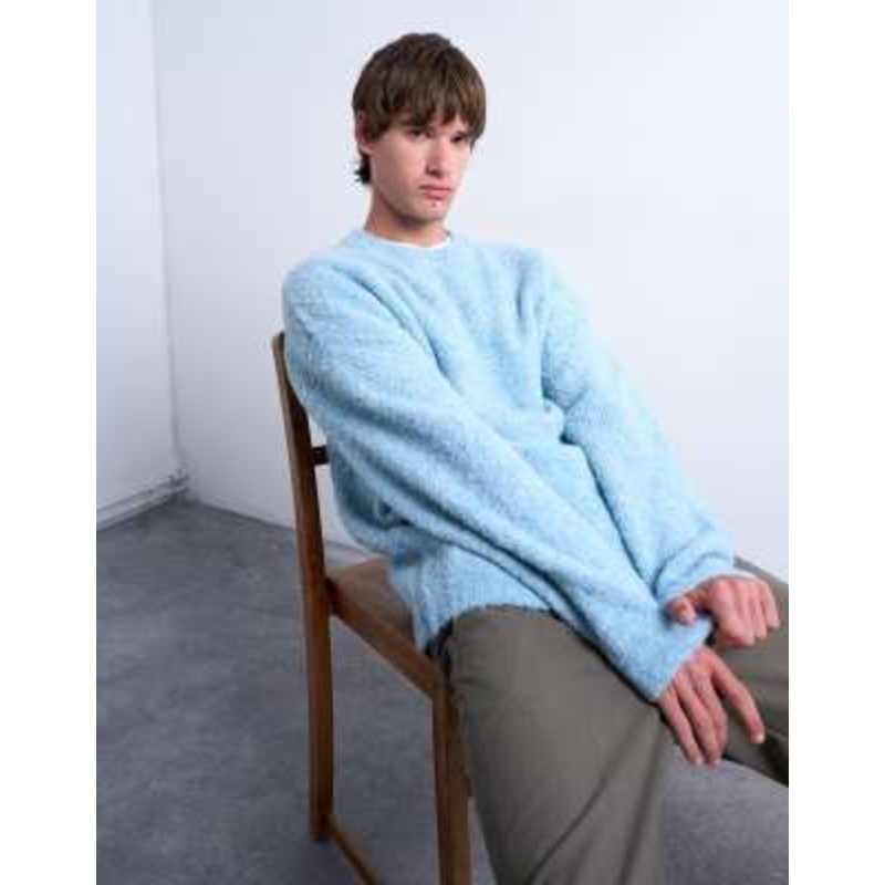 Topman relaxed fit boucle sweater in mid blue