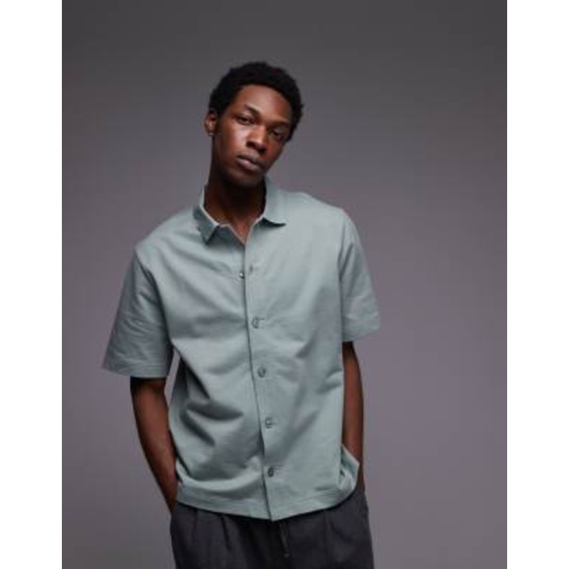 Topman relaxed fit button up jersey shirt in sage