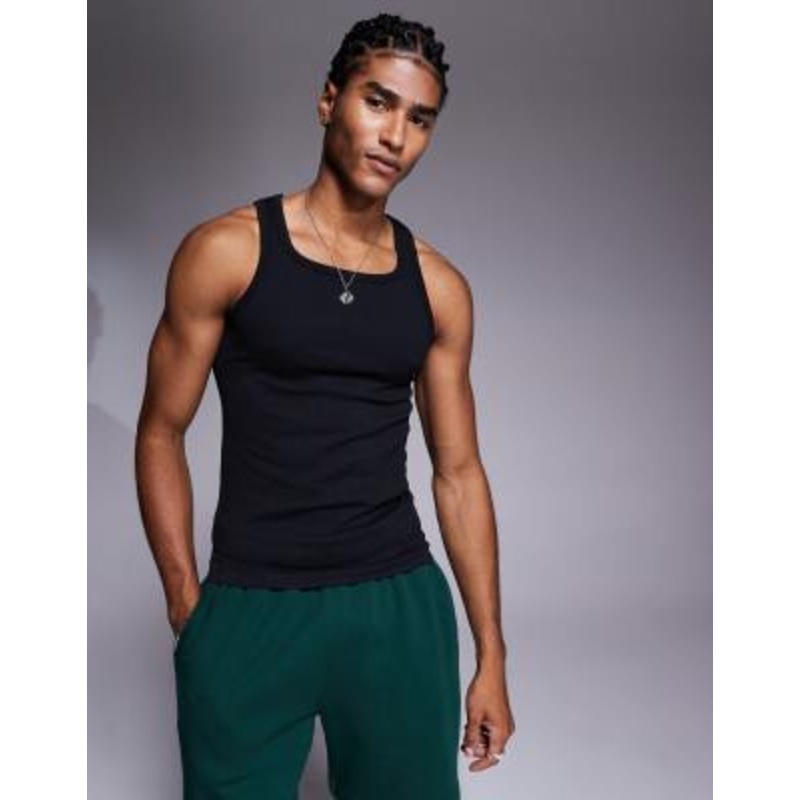 4505 square neck slim fit seamless rib knit training tank top in black