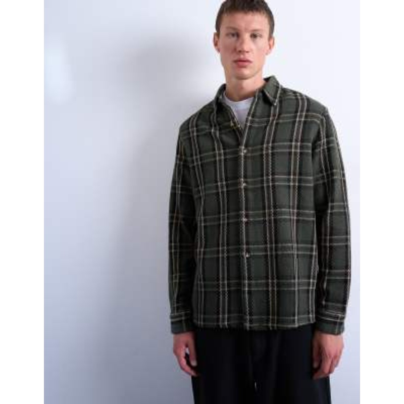 Topman regular fit textured check overshirt in green