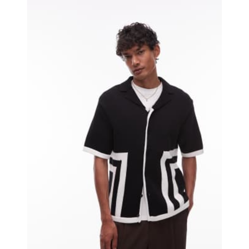 Topman relaxed fit knit shirt with border design in black