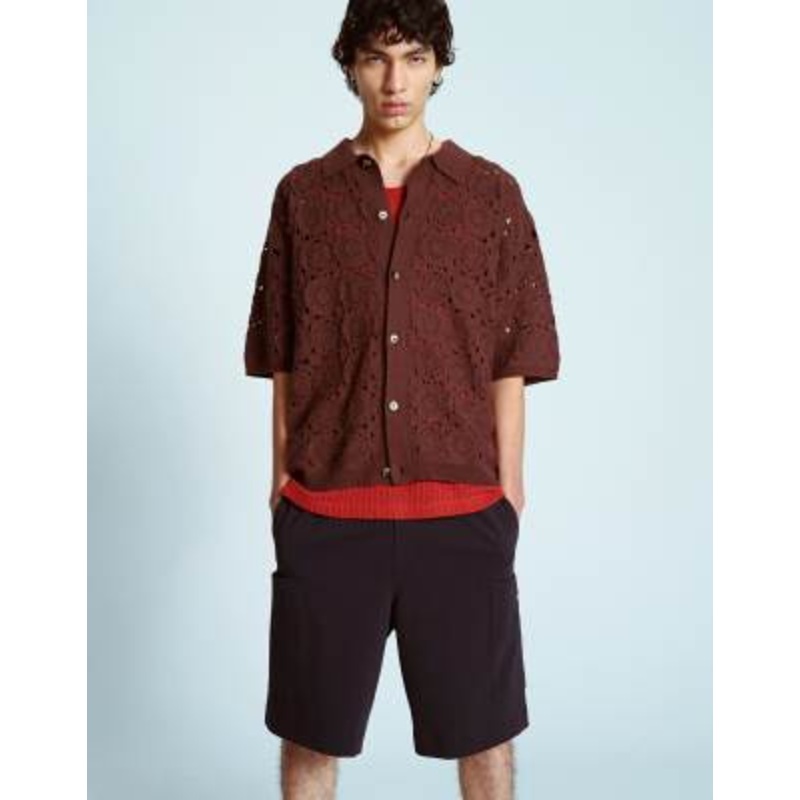 Topman relaxed floral crochet shirt in brown