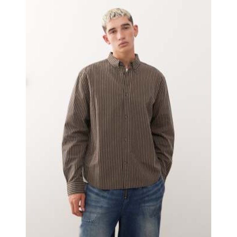 Weekday oversized long sleeve shirt in brown stripe