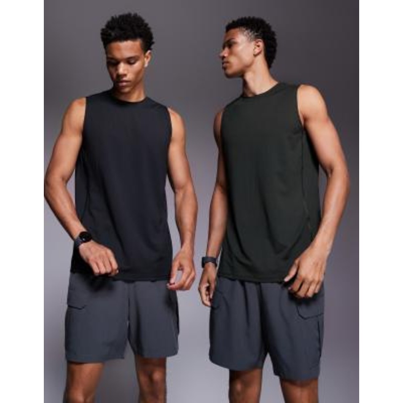 4505 Icon quick dry mesh training tank tops 2 pack in black and khaki green