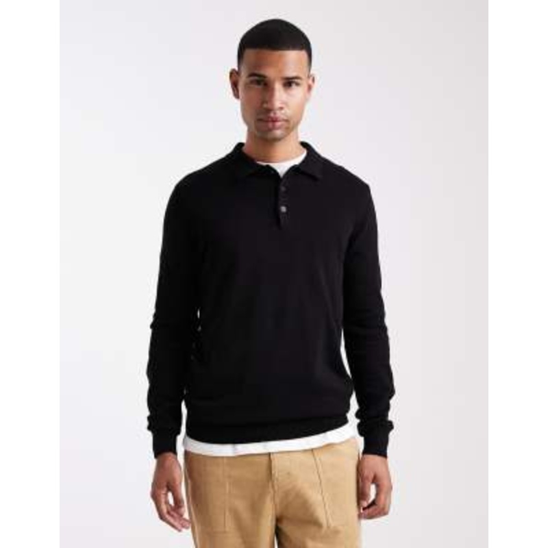Brave Soul placket long sleeve polo top in black