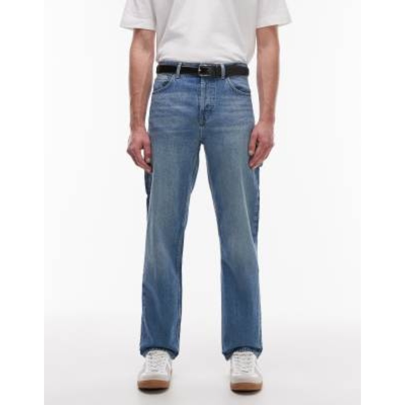 Topman rigid straight leg carpenter jeans in mid wash blue