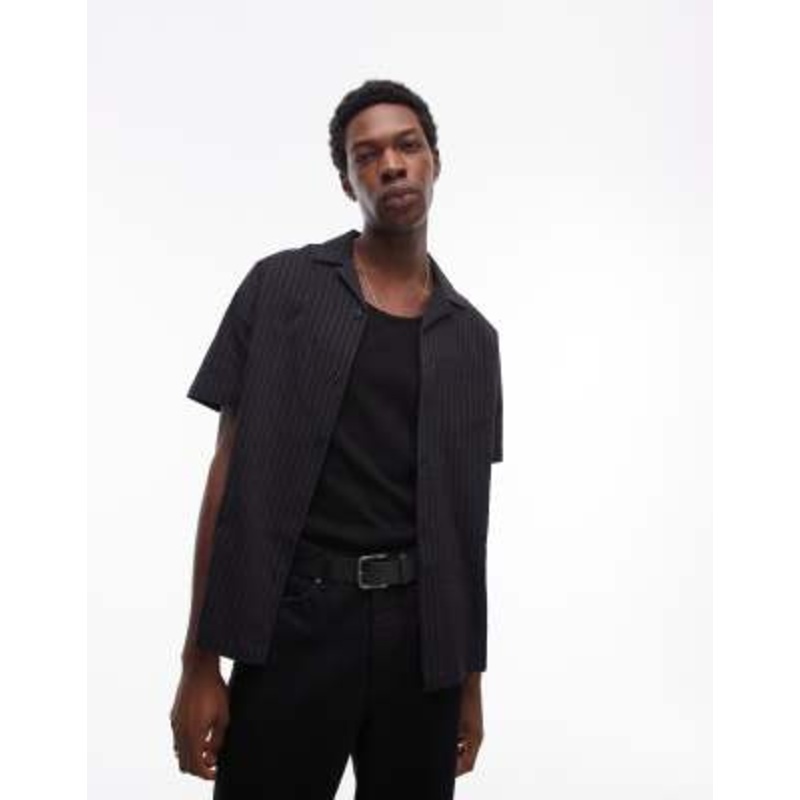 Topman textured striped shirt in black