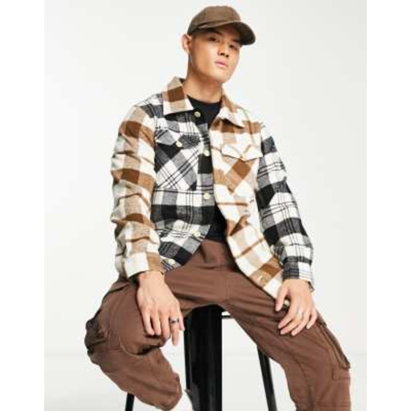 ADPT oversized heavy brushed check overshirt in beige & black