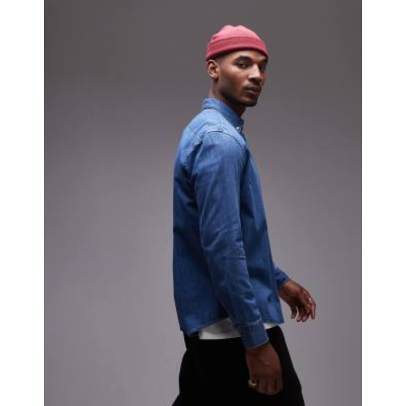 ARKET denim chambray shirt with button collar in dark wash blue