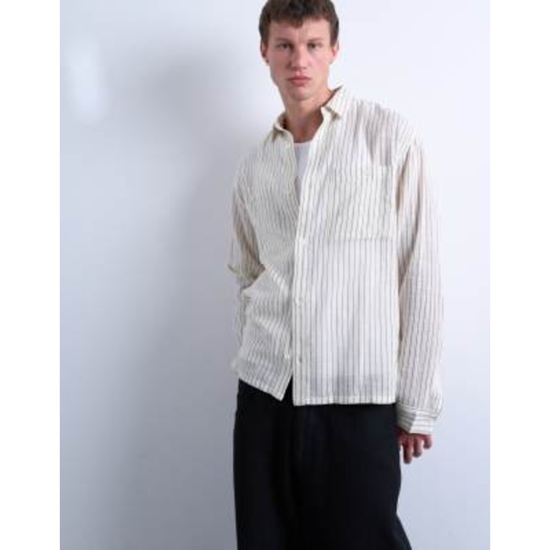 Topman long sleeve relaxed cheesecloth striped shirt in cream