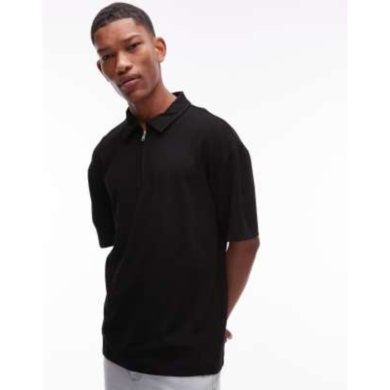 Topman premium relaxed fit polo shirt with zip placket in black