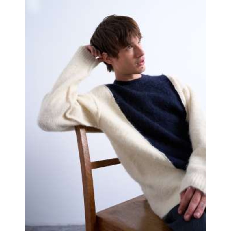 Topman relaxed fit fluffy yarn paneled sweater in navy
