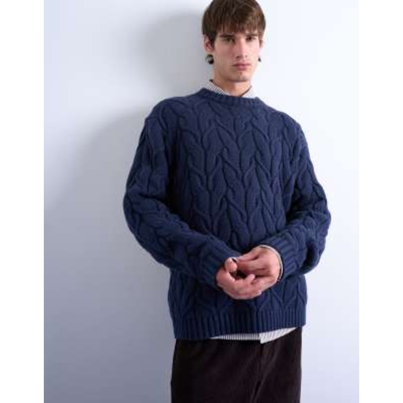 Topman relaxed fit heavyweight knit sweater with cable in navy