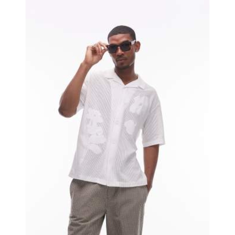 Topman relaxed fit open knit floral patch button down polo shirt in white