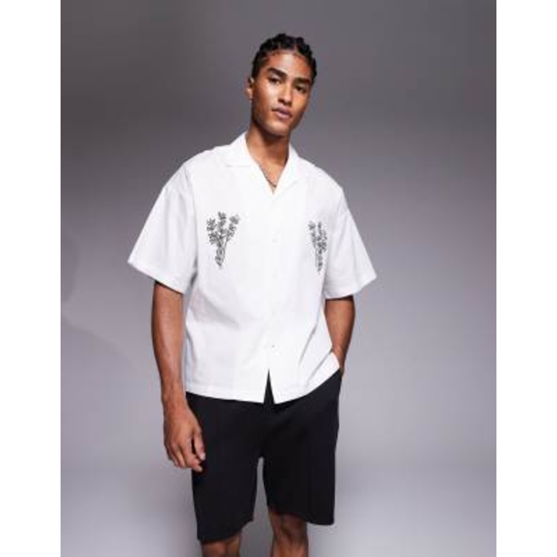 ADPT camp collar shirt in white with plant print