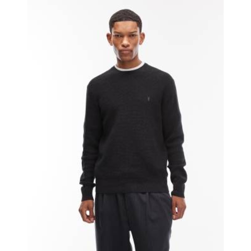 AllSaints waffle knit crew neck logo sweater in black