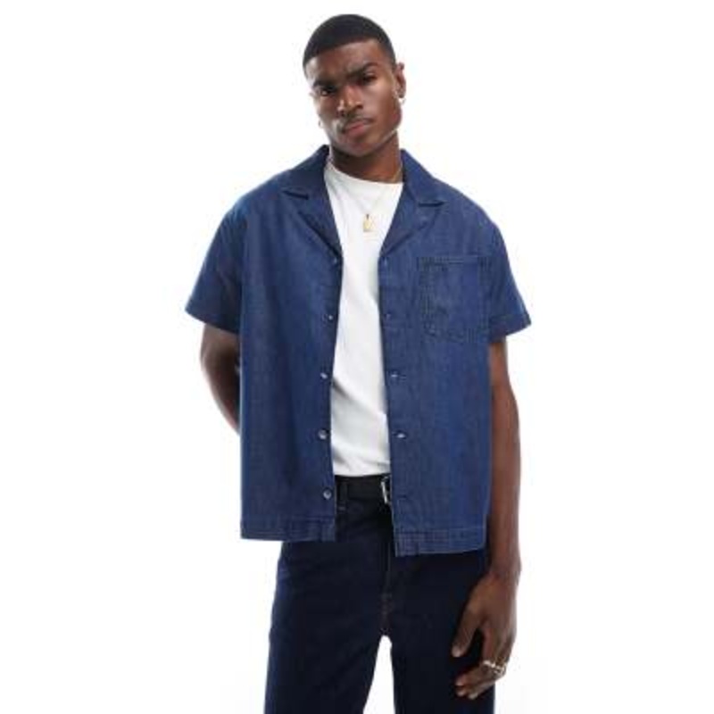 Another Influence revere collar boxy denim shirt in indigo blue